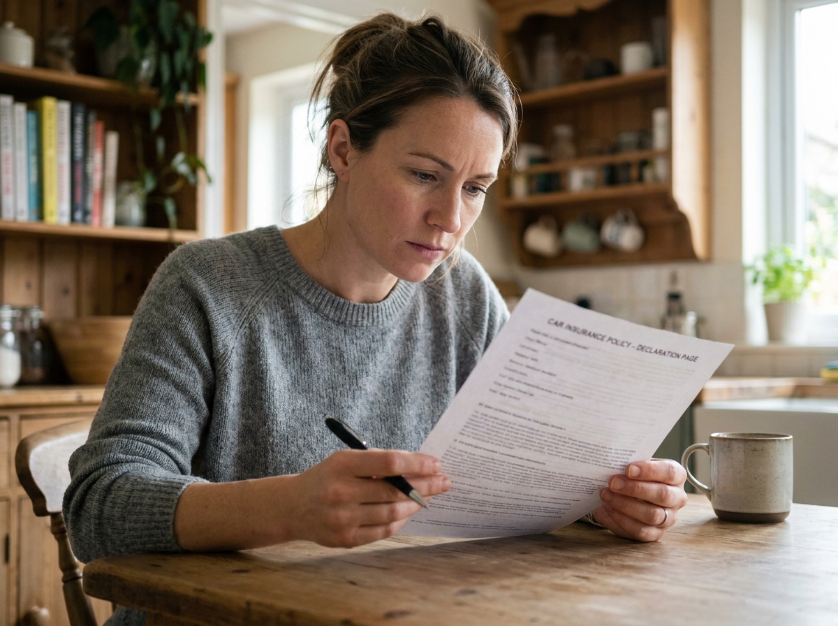 Femme lisant attentivement son contrat d'assurance auto à la maison pour éviter les mauvaises surprises