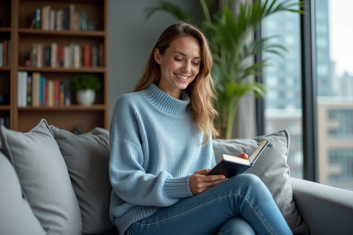 Femme souriante lisant un e-reader dans un salon moderne