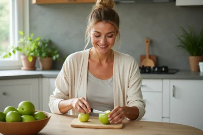 Femme en cuisine coupant une pomme verte dans un cadre lumineux