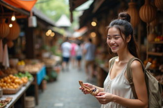 Jeune femme dans un marché balinais examine des souvenirs artisanaux