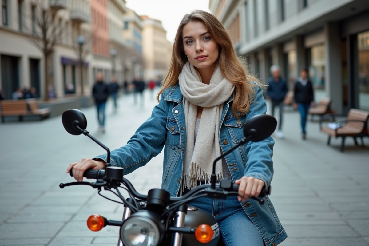 Femme debout à côté de sa moto en ville