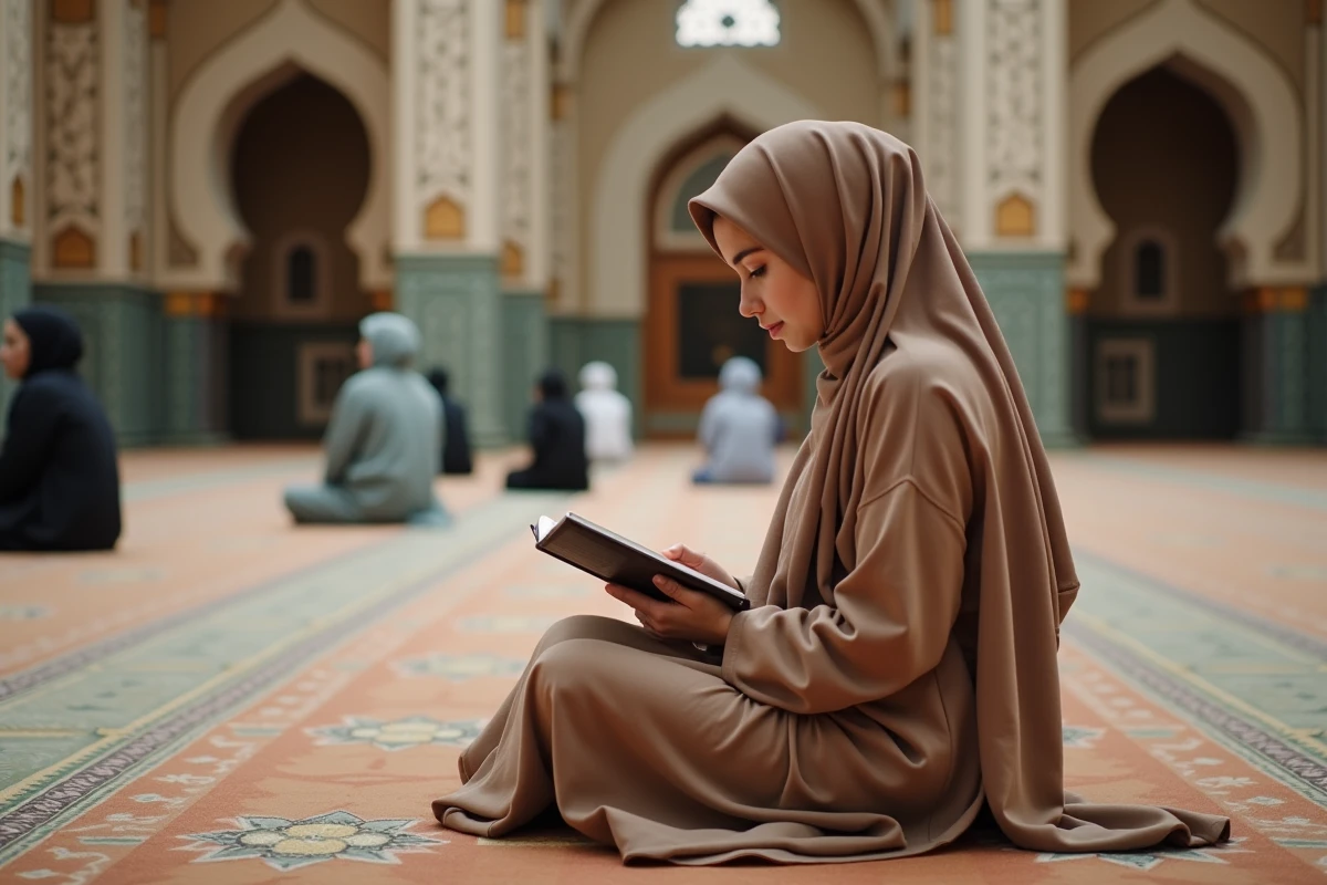 Jeune femme musulmane lit un livre de priere dans une mosquee