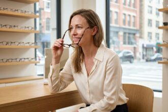 Femme élégante essayant des lunettes en boutique optique