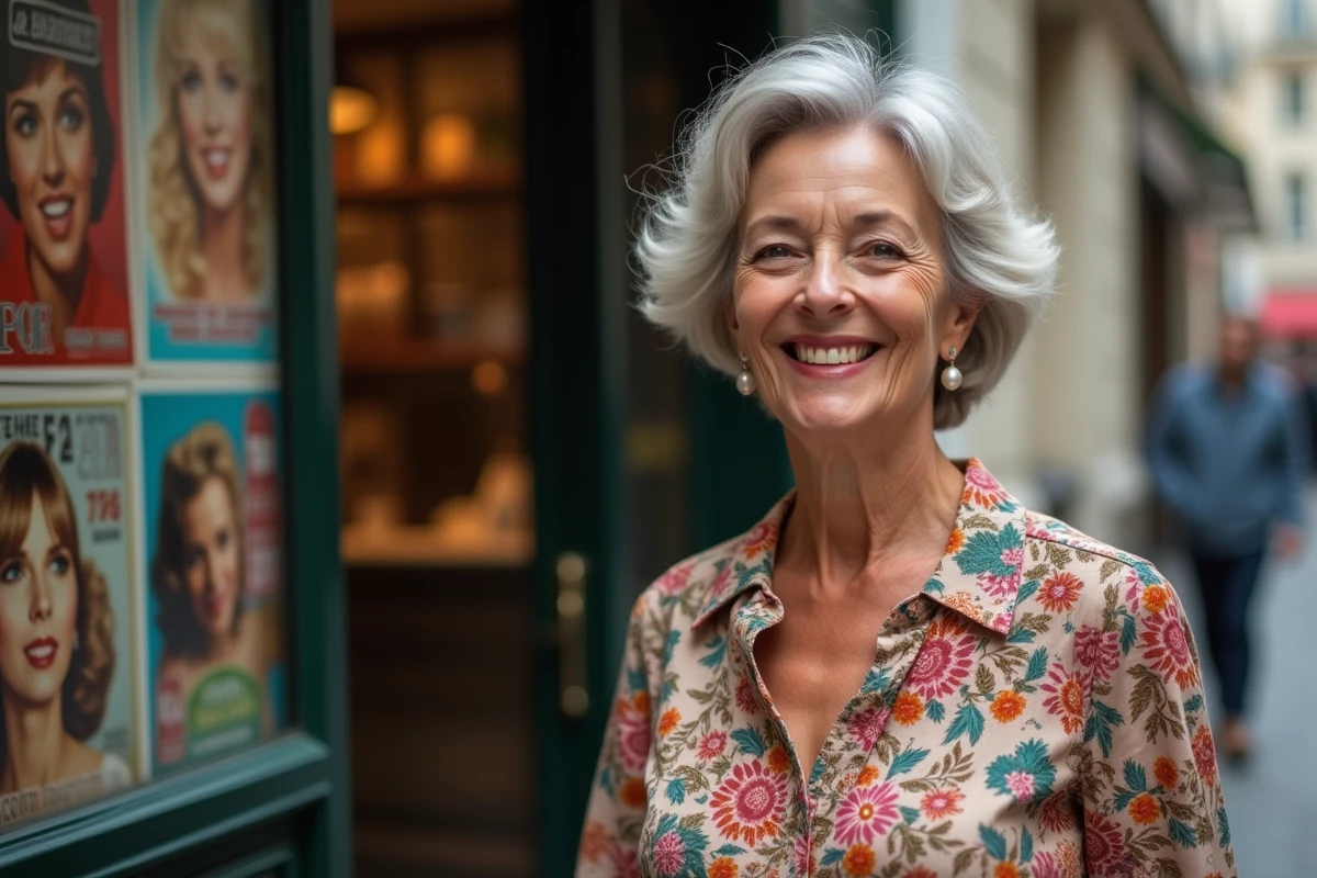 Femme parisienne dans une rue avec cafés et posters musicaux