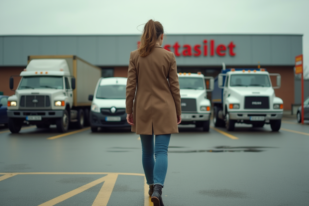 Jeune femme marchant devant des voitures diesel dans un parking de supermarché