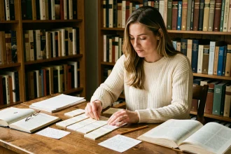 Femme organisant un plan de dissertation littéraire avec des fiches et des livres ouverts sur un bureau en bois