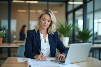 Femme cadre intermédiaire travaillant sur des rapports dans un bureau moderne, illustrant les responsabilités d'une profession intermédiaire
