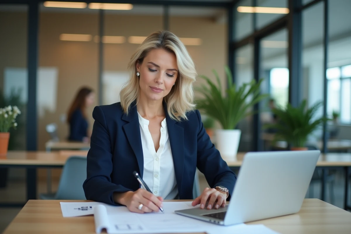 Femme cadre intermédiaire travaillant sur des rapports dans un bureau moderne, illustrant les responsabilités d'une profession intermédiaire
