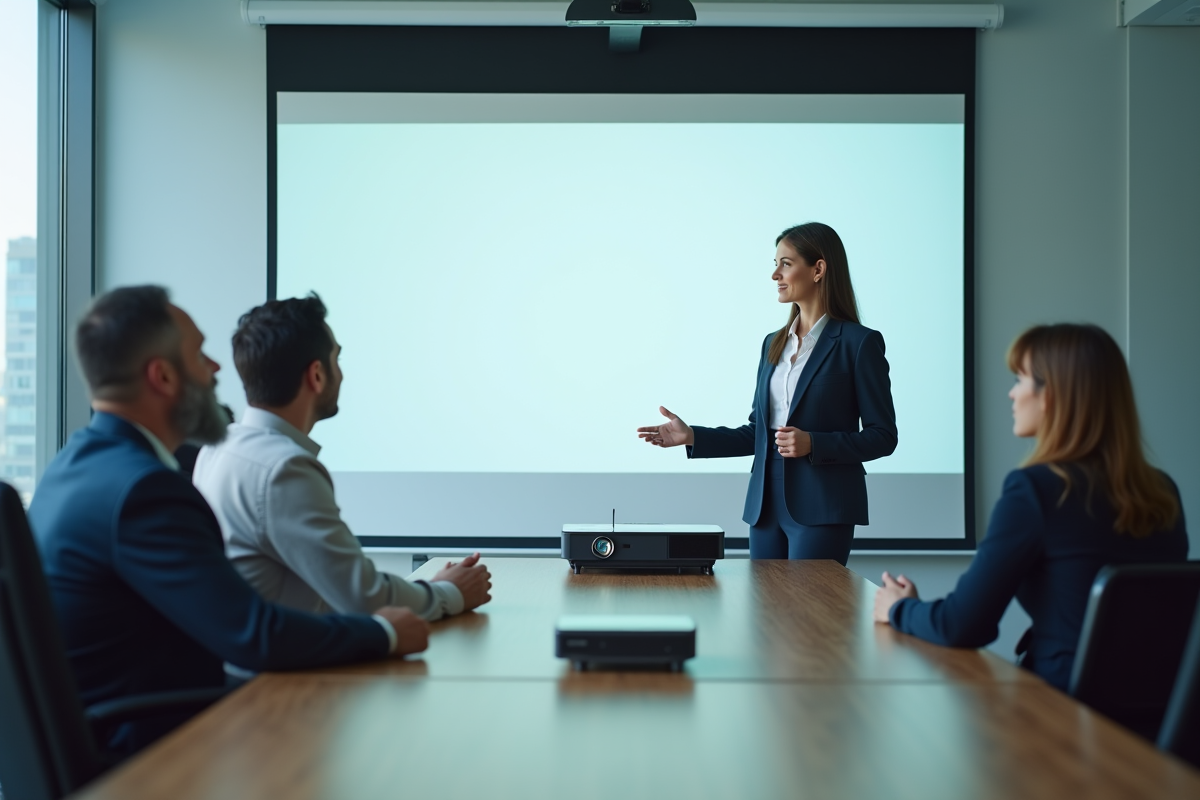 Femme d affaires ajustant un projecteur dans une salle de réunion moderne