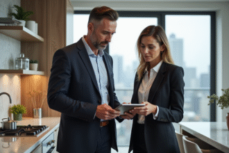 Femme d'affaires examine plans de renovation dans une cuisine moderne