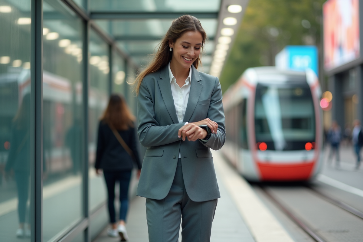 Jeune femme professionnelle vérifiant sa smartwatch à un arrêt de tram
