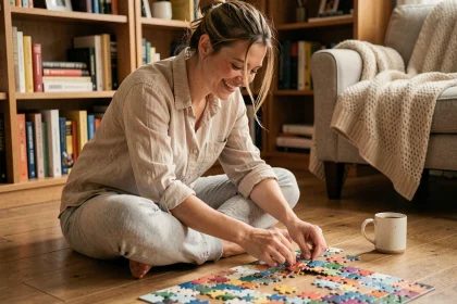 Femme adulte souriante qui assemble un puzzle coloré sur le sol d'un salon chaleureux pour réduire le stress