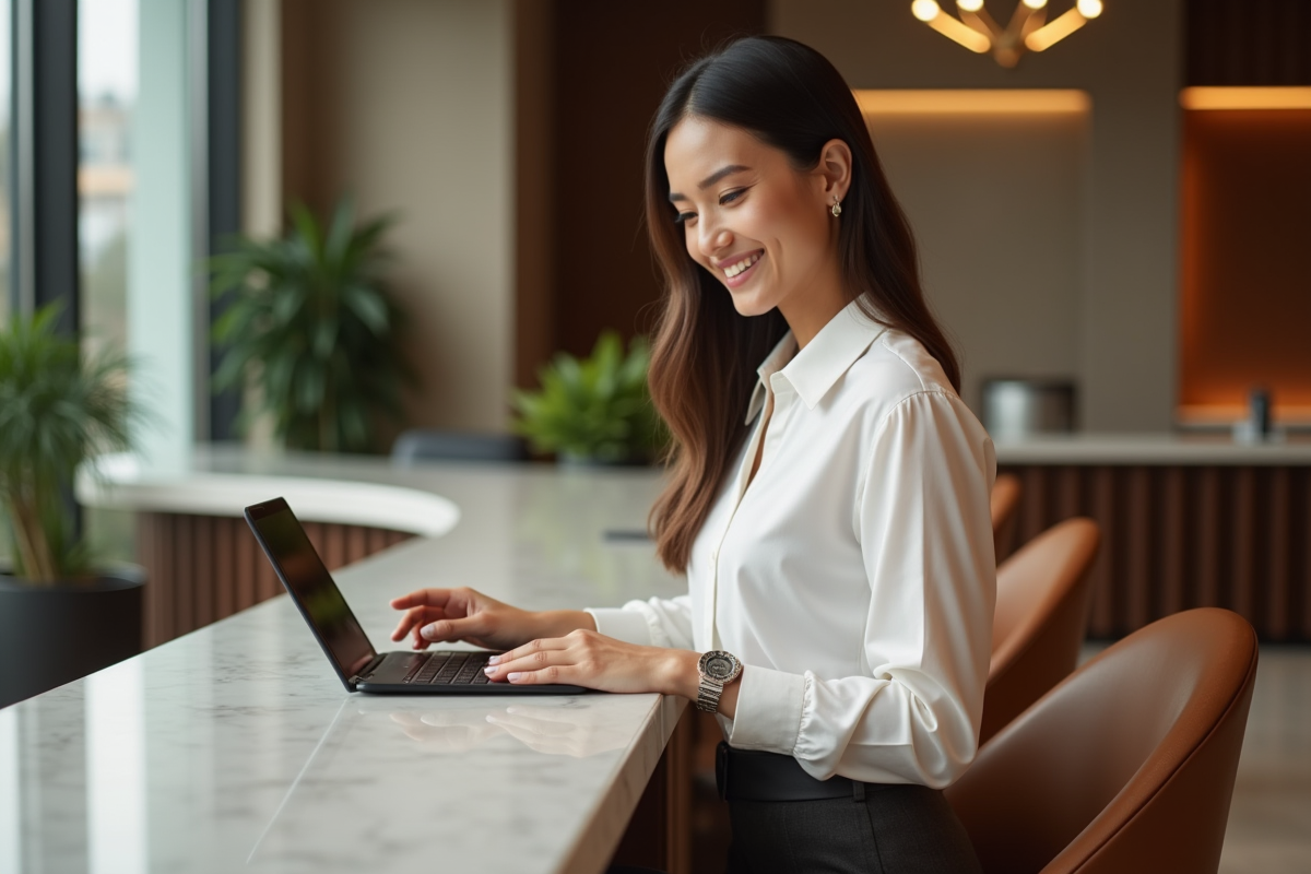 Jeune femme d'affaires souriante dans un lobby d'hôtel