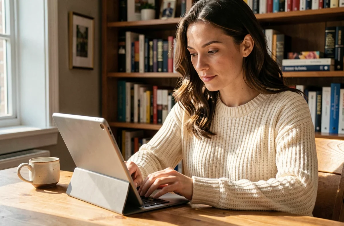 Femme parcourant une bibliothèque d'ebooks sur une tablette dans un bureau à domicile chaleureux