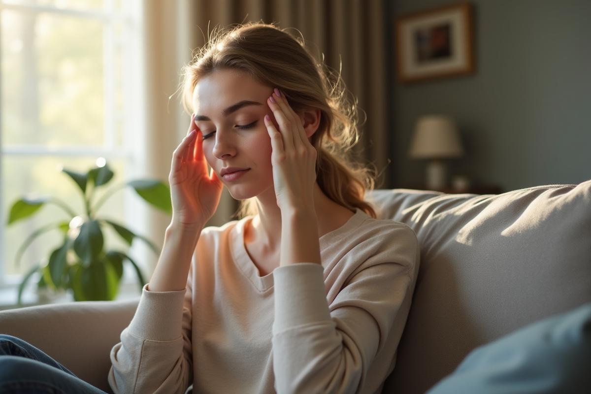 Jeune femme se relaxant dans un salon lumineux