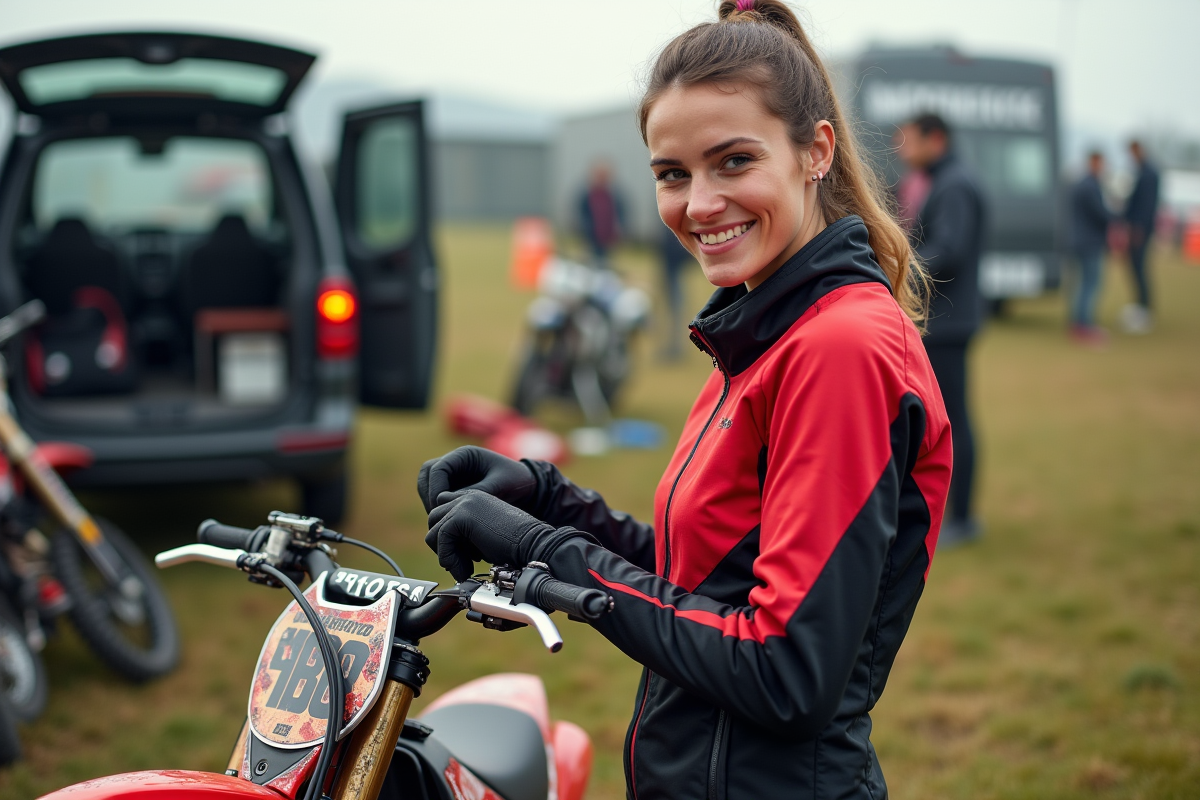 Femme pilote ajustant l’embrayage de sa moto 125cc