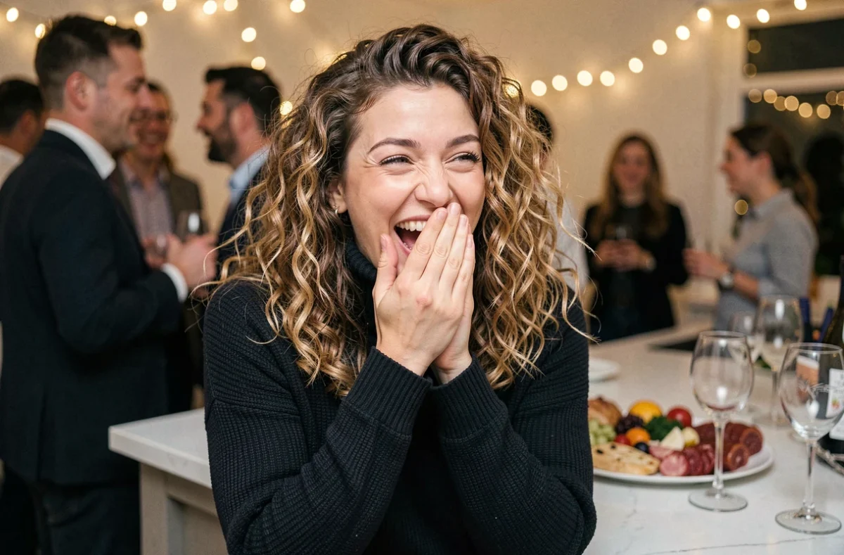 Femme riant nerveusement après une blague d'humour noire lors d'une soirée entre amis