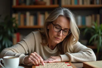 Femme concentrée plaçant des lettres sur un plateau de Scrabble en bois avec un dictionnaire ouvert à côté