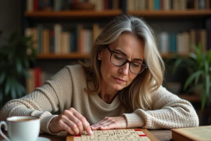 Femme concentrée plaçant des lettres sur un plateau de Scrabble en bois avec un dictionnaire ouvert à côté