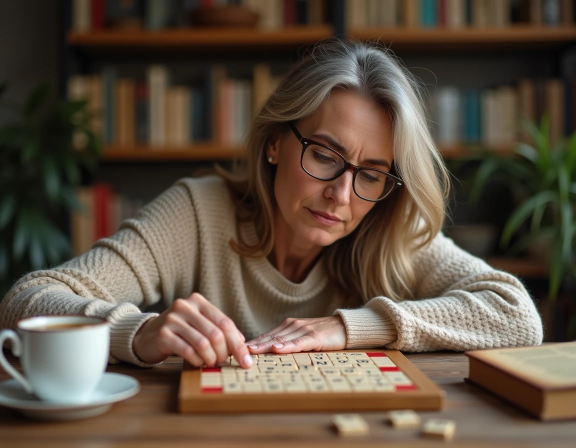 Femme concentrée plaçant des lettres sur un plateau de Scrabble en bois avec un dictionnaire ouvert à côté