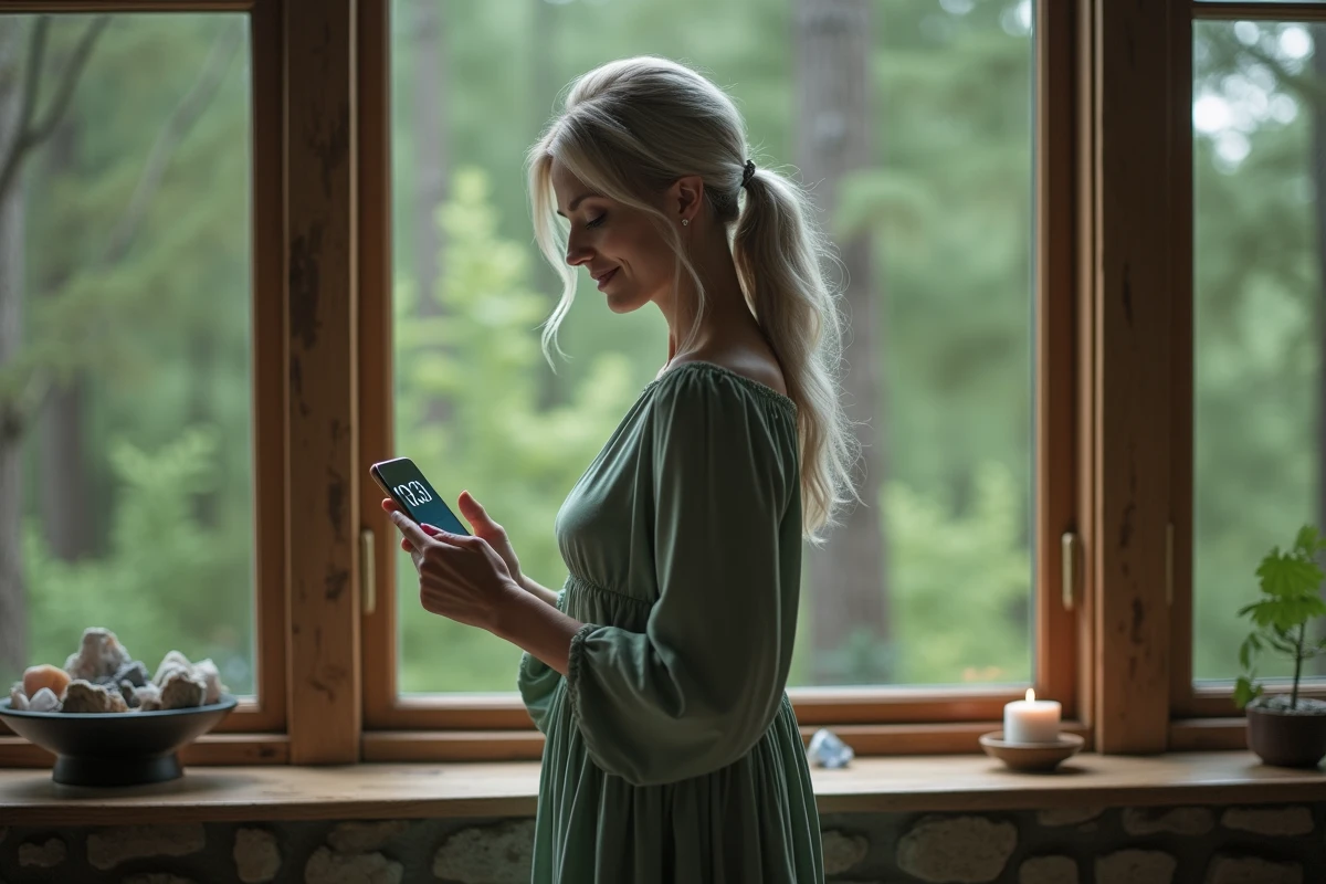 Femme regardant son téléphone afficher 13h31 près d'une fenêtre, évoquant le message angélique de l'heure miroir et la croissance spirituelle