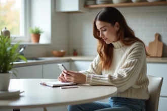 Femme assise à la cuisine avec smartphone et notes