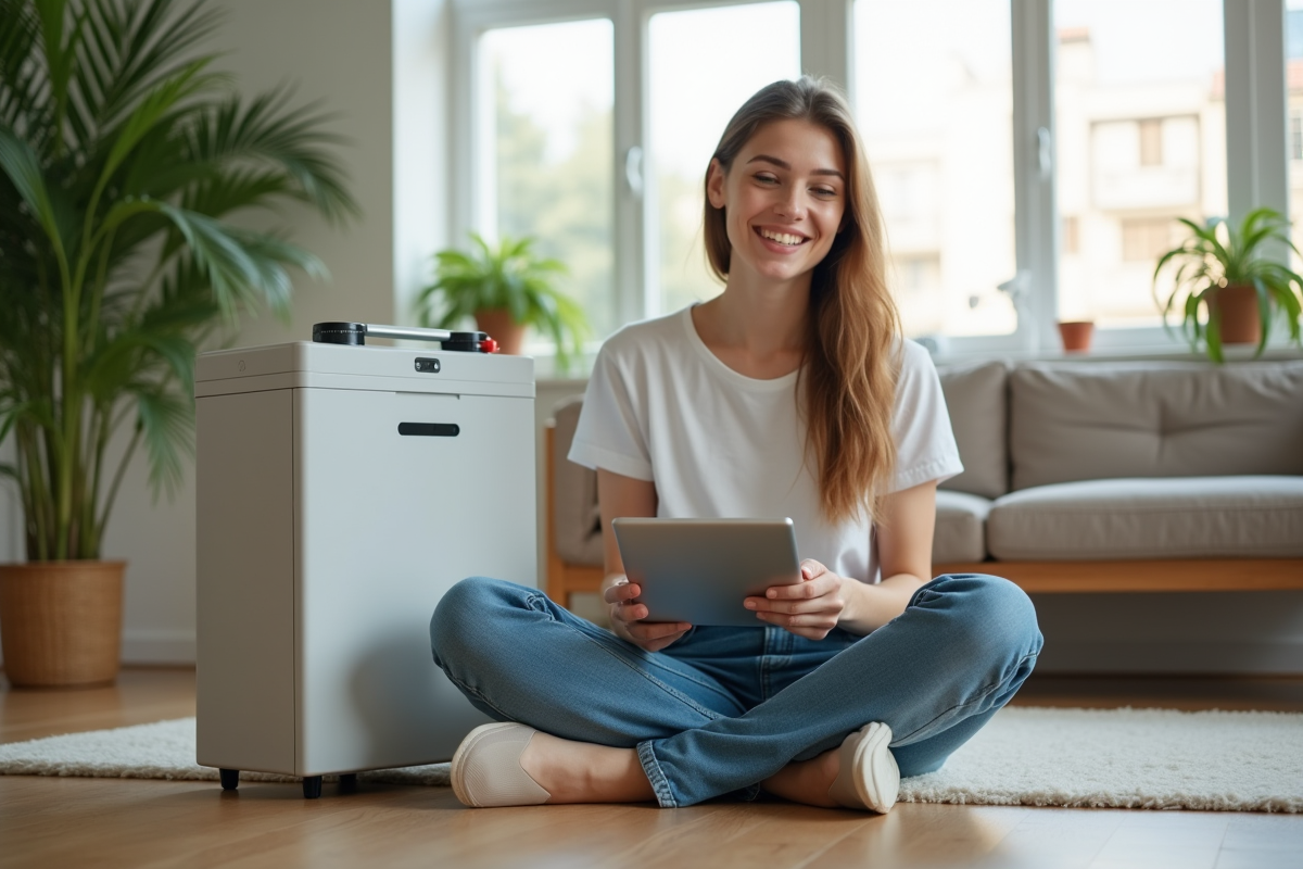 Jeune femme souriante vérifiant une batterie solaire avec une tablette