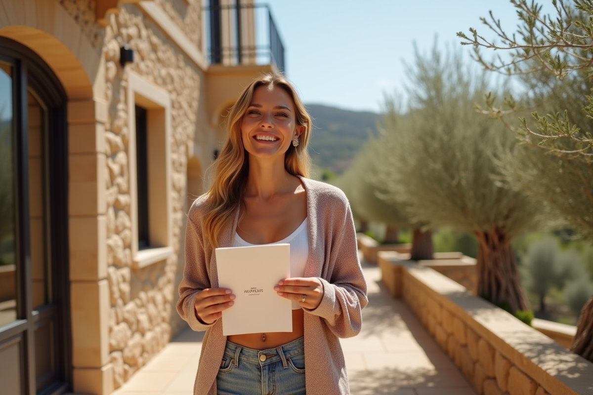 Femme souriante profitant d une terrasse en Provence avec brochure d aesthetic