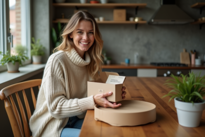 Femme souriante découvrant un cadeau expérience dans un appartement moderne