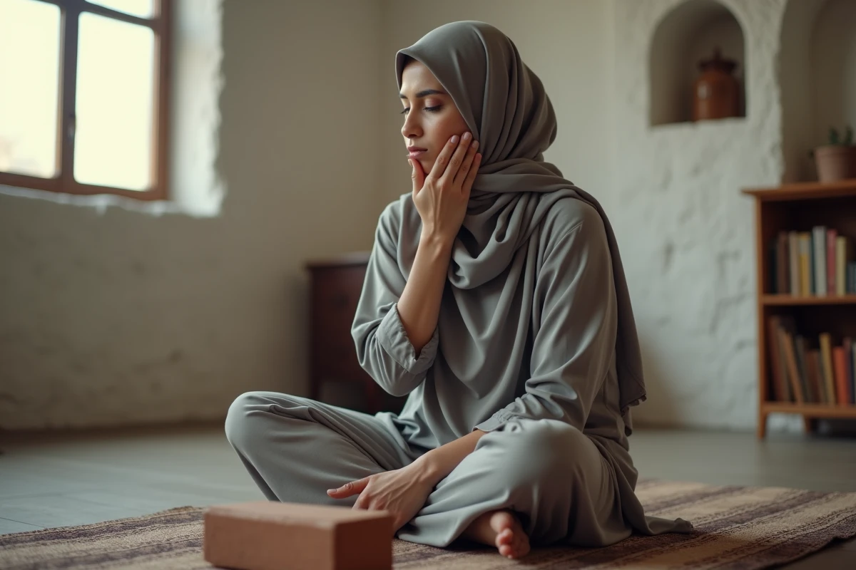 Jeune femme musulmane réalisant le tayammum avec une brique d'argile sur un tapis de prière à l'intérieur