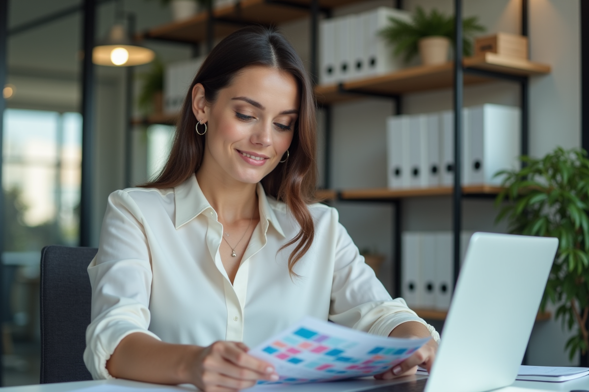 Femme en tenue casual regardant son planning coloré au bureau