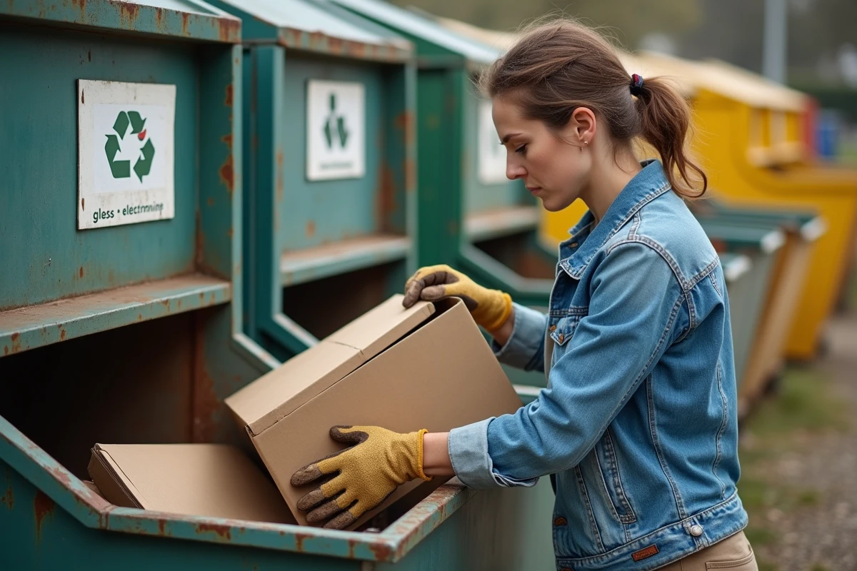 Femme triant des déchets ménagers dans les bacs de collecte d'une déchèterie française, bennes métalliques étiquetées visibles