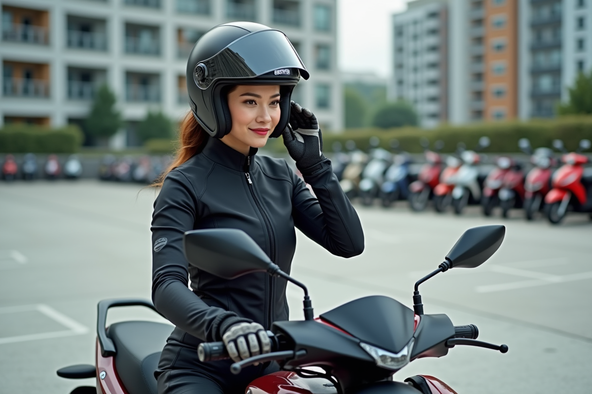 Femme ajustant le miroir de sa moto Avengers en ville