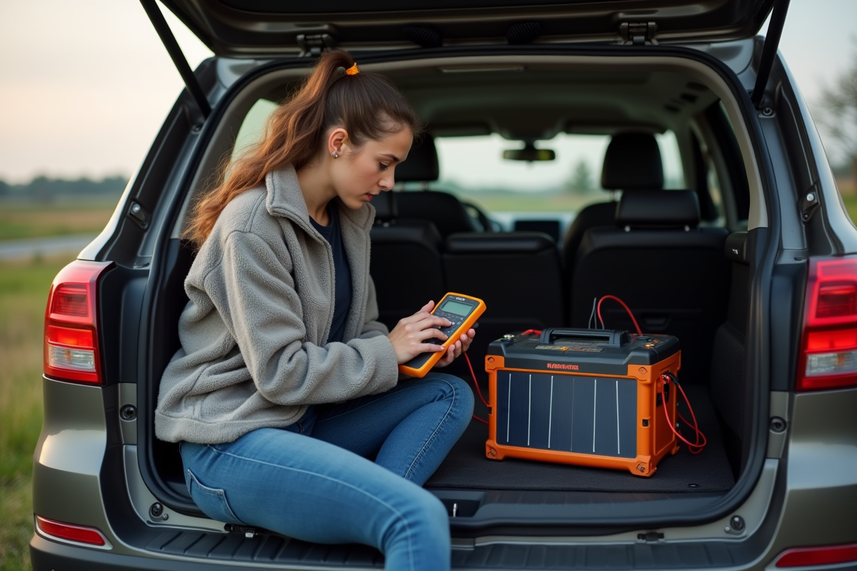 Femme contrôlant une batterie solaire dans le coffre d’un SUV