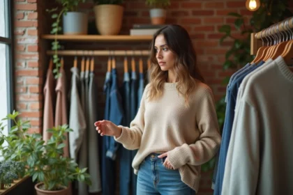 Femme examinant des vetements recyclés dans une boutique écologique