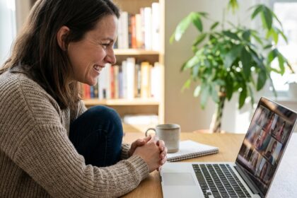 Femme souriante en visioconference dans un bureau moderne