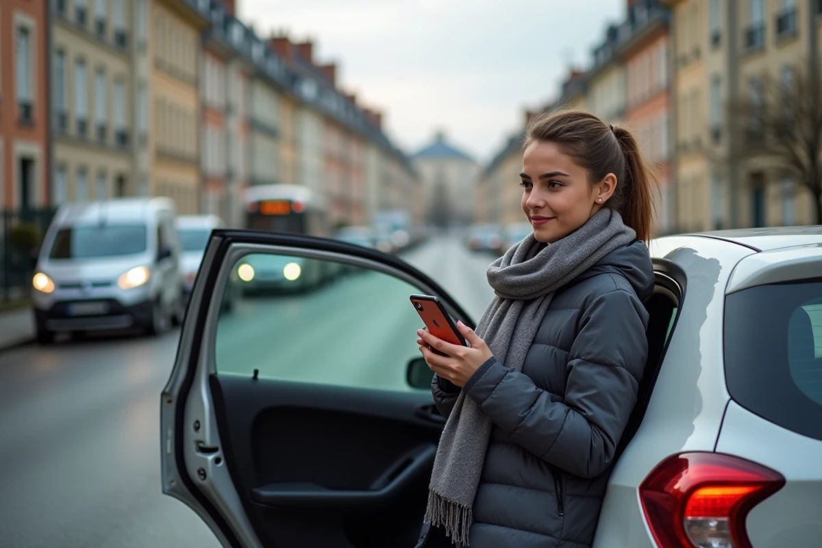 Jeune femme avec smartphone devant une voiture en banlieue