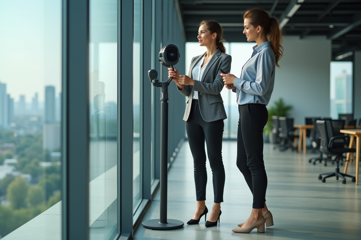 Deux femmes ajustant une camera thermique dans un bureau moderne
