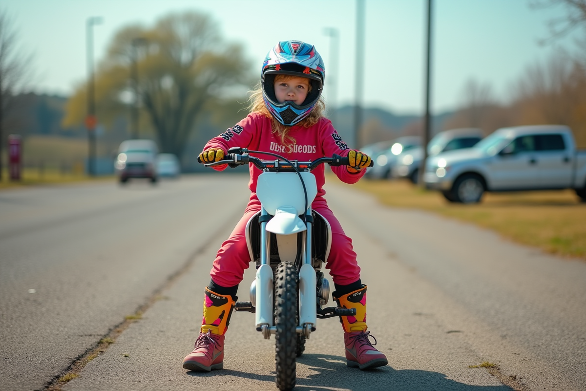 Jeune fille de 12 ans assise sur moto 50cc dans un parking motocross