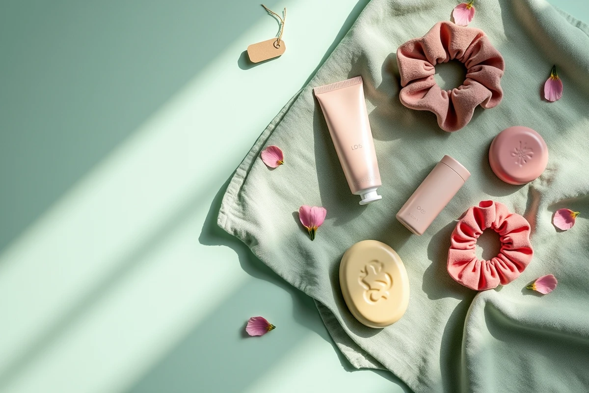 Flat lay de petits cadeaux beauté féminins à moins de 5 euros sur tissu de lin vert sauge avec pétales de roses séchées