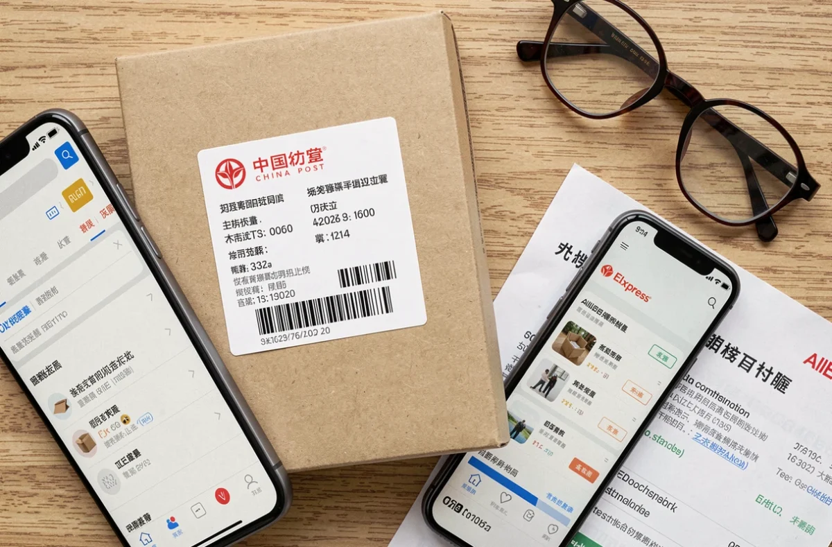 Vue de dessus d'un colis China Post avec étiquette de suivi, smartphone affichant le tracking et confirmation de commande AliExpress