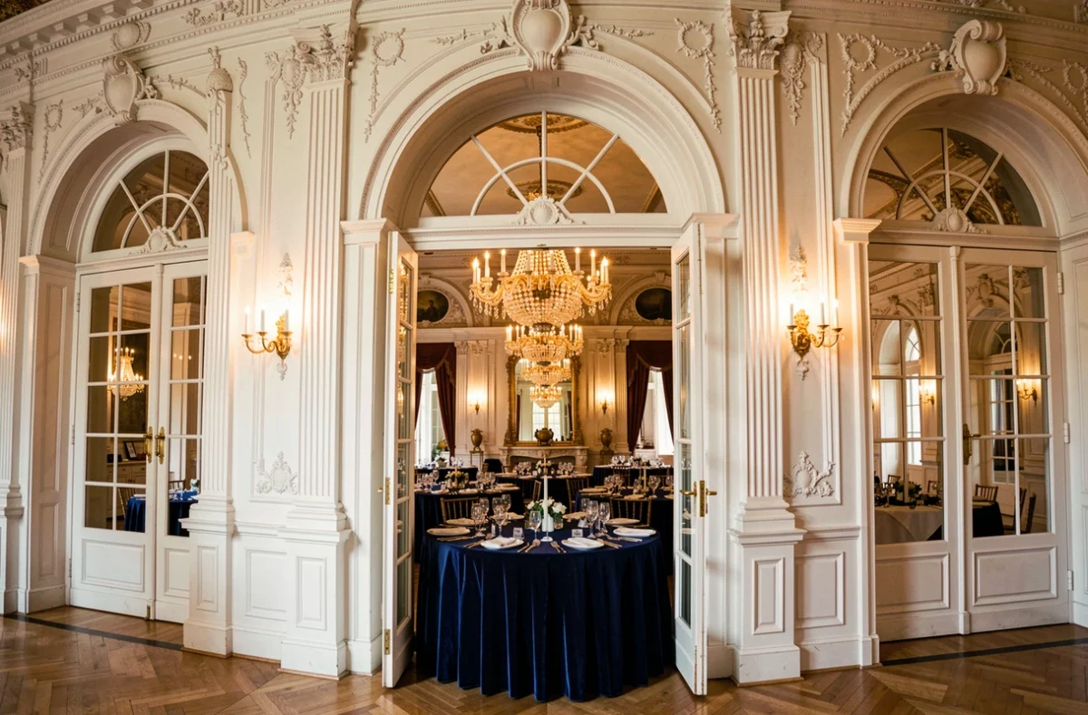 Le Florida Palace avec sa façade Belle Époque et sa salle de bal somptueuse décorée pour un grand événement de prestige