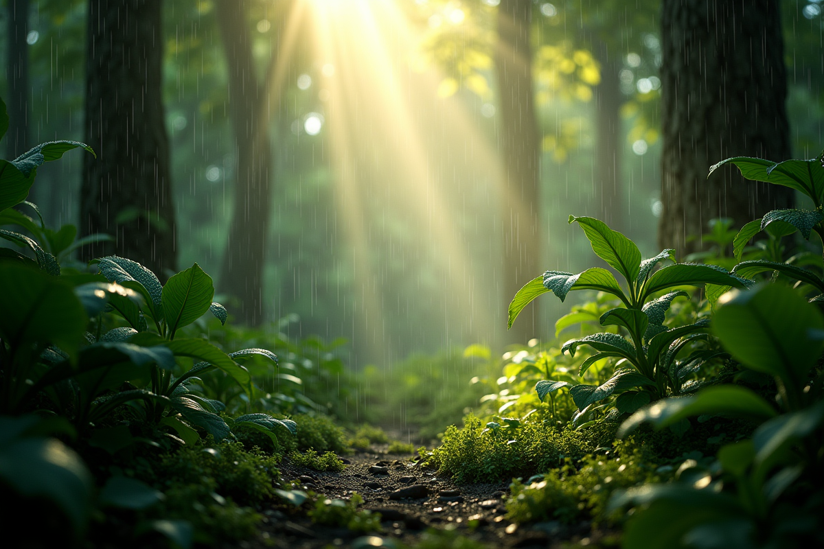 Forêt luxuriante tanzanienne après pluie avec lumière
