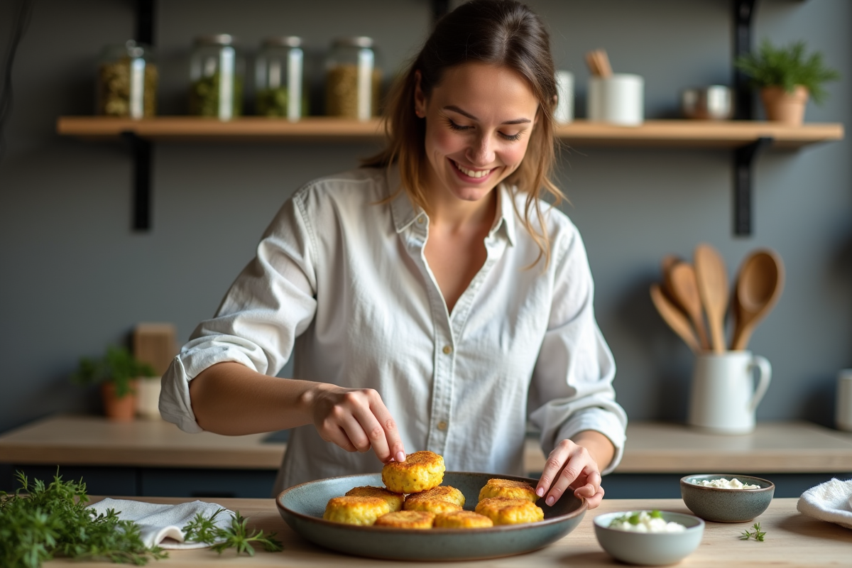 Femme souriante servant des fritters de courgettes dorés