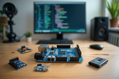Gertduino sur bureau en bois avec composants électroniques