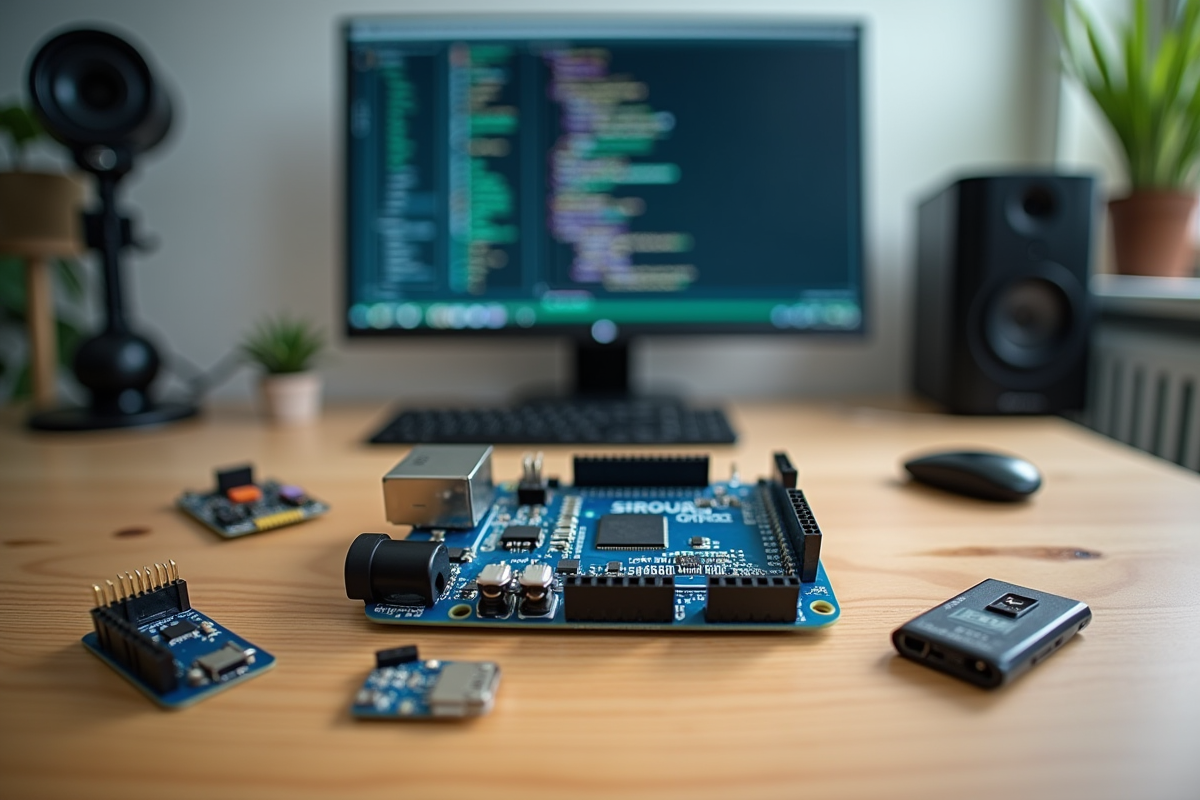 Gertduino sur bureau en bois avec composants électroniques