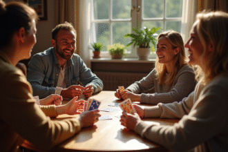Groupe d'amis jouant aux Ramis autour d'une table en bois