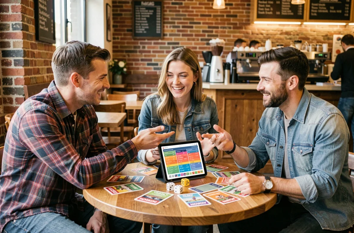 Groupe d'amis jouant à Monopoly GO autour d'une table de café avec cartes et tablette affichant un classement