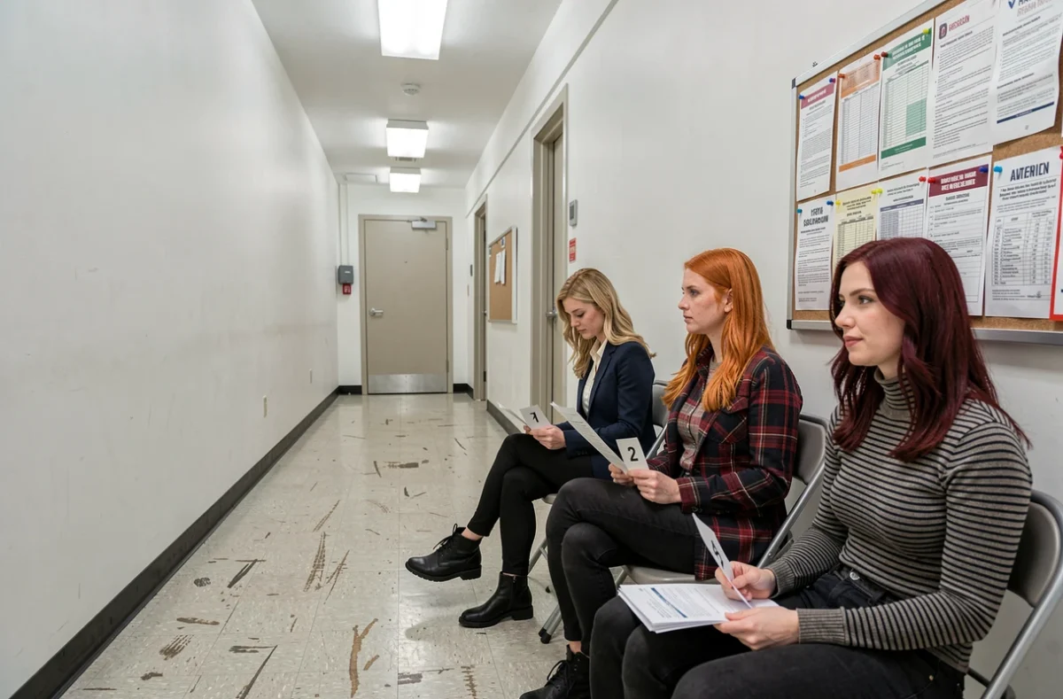 Groupe de chanteurs roux de différentes teintes attendant dans un couloir d'agence de casting avec des partitions