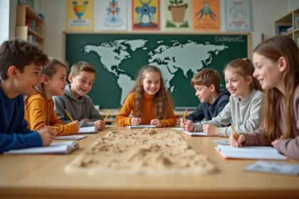 Jeunes collégiens autour d'une maquette de désert en classe